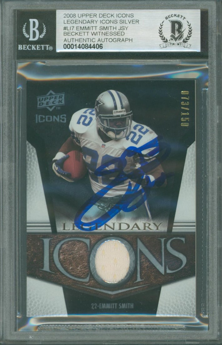 Emmitt Smith Signed 2008 Upper Deck Icons #LI7 Card Beckett Authenticated: Emmitt Smith Signed 2008 Upper Deck Icons #LI7 Card Beckett Authenticated Celebrate the legacy of football with this autographed 2008 Upper Deck Icons Legendary Icons Silver #LI7 Card, personally sign