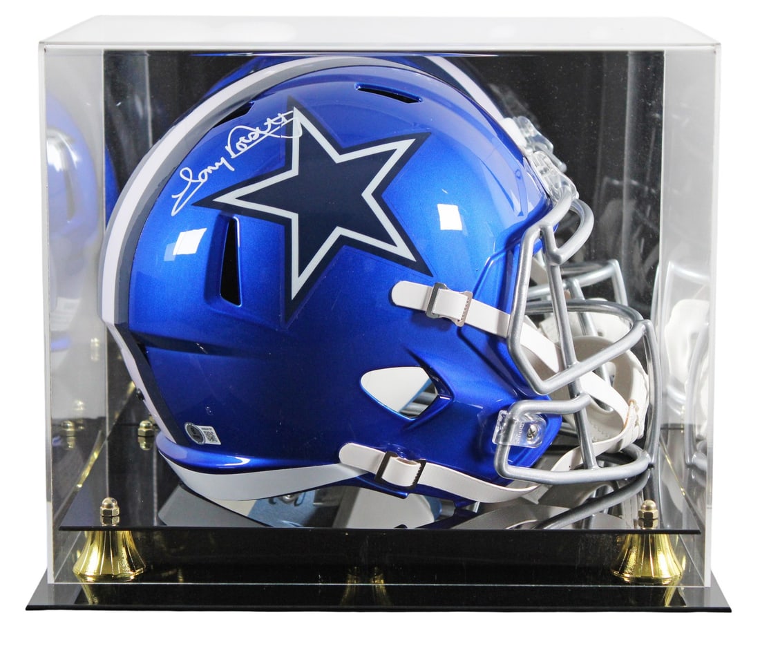 Tony Dorsett Autographed Dallas Cowboys Flash Helmet With BAS Witness and Display Case: Tony Dorsett Autographed Dallas Cowboys Flash Helmet With BAS Witness and Display Case This Dallas Cowboys alternate Flash Riddell full size Speed replica helmet has been personally signed by Tony Dor