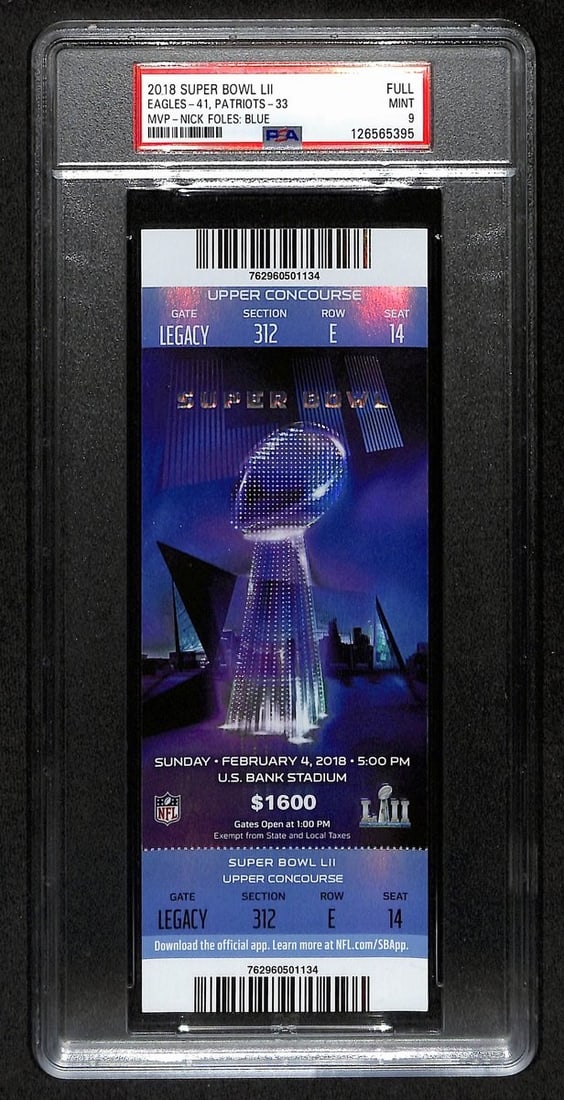 PSA Mint 9 2018 Super Bowl LII Full Ticket Eagles Patriots: PSA Mint 9 2018 Super Bowl LII Full Ticket Eagles Patriots Original full ticket from Super Bowl LII featuring the Philadelphia Eagles vs. New England Patriots. This football collectible commemorates t