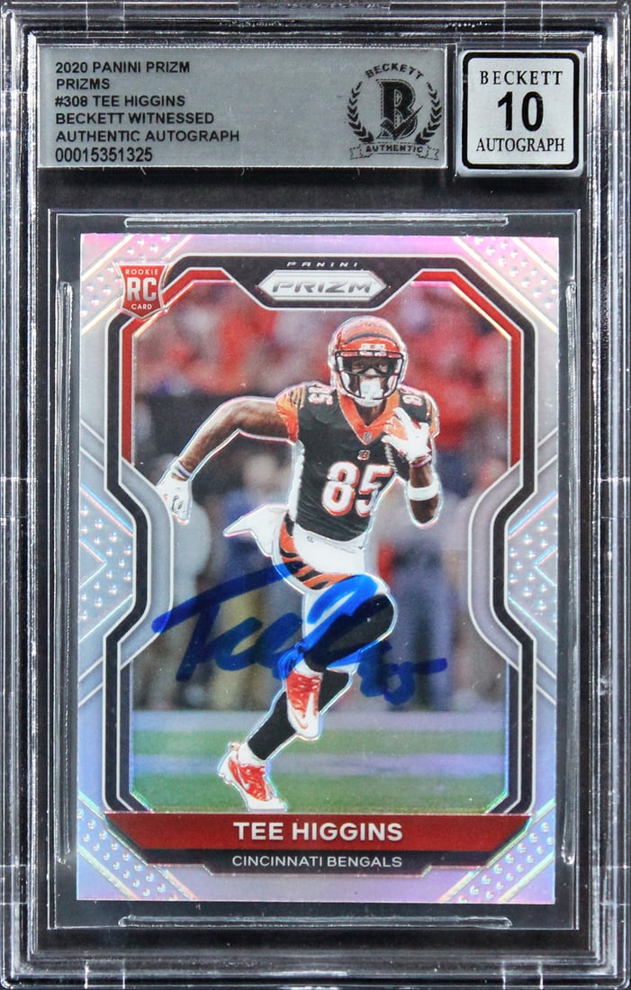 Tee Higgins Autographed 2020 Panini Prizm Rookie Card BAS Gem Mint 10 Slab: Tee Higgins Autographed 2020 Panini Prizm Rookie Card BAS Gem Mint 10 Slab This 2020 Panini Prizm Prizms #308 Rookie Card features a hand-signed autograph from Tee Higgins of the Cincinnati Bengals. T