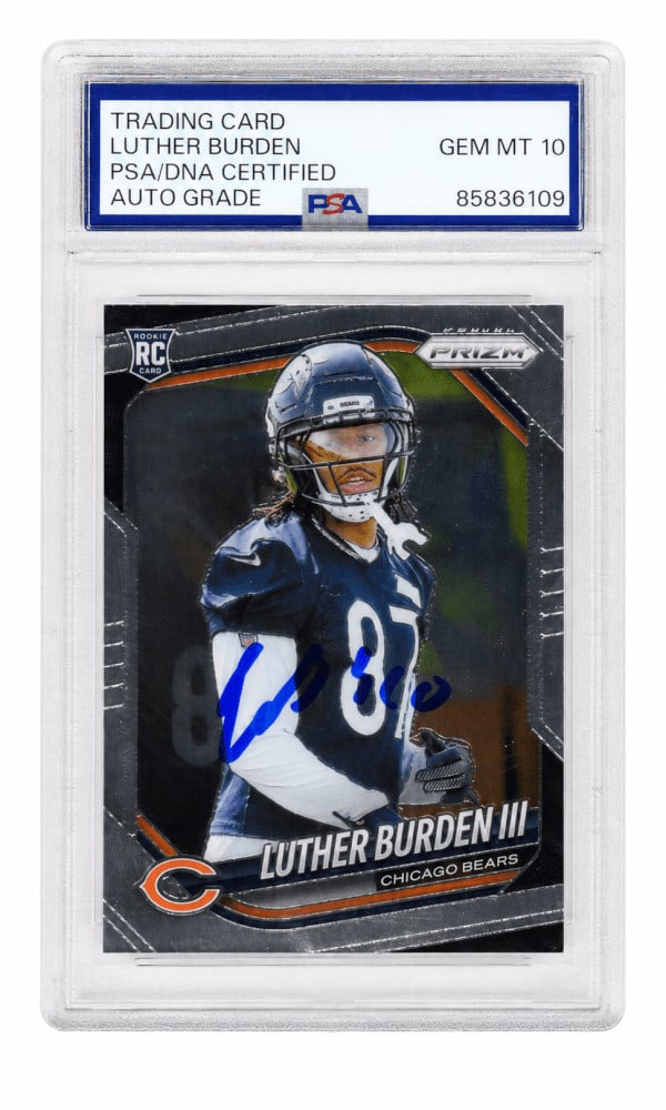 PSA DNA Auto 10 Luther Burden III 2025 Panini Prizm #331 Bears Rookie Card: PSA DNA Auto 10 Luther Burden III 2025 Panini Prizm #331 Bears Rookie Card Signed 2025 Panini Prizm rookie football card #331 featuring Luther Burden III of the Chicago Bears. The autograph is authent