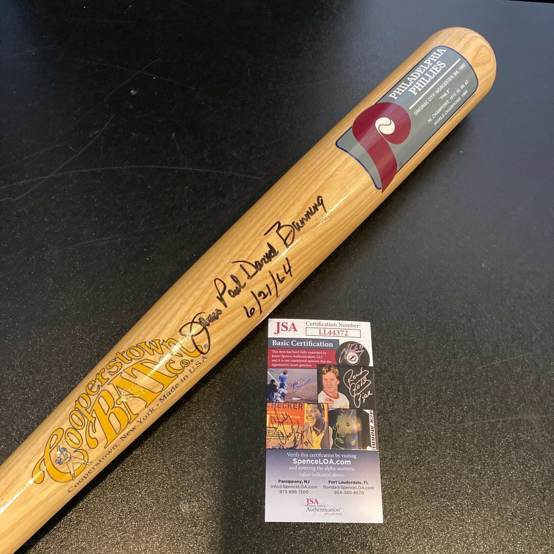 Phillies Bat Autographed by Jim James Paul David Bunning with JSA Authentication 6-21-1964: Phillies Bat Autographed by Jim James Paul David Bunning with JSA Authentication 6-21-1964 This is an original baseball bat signed with the full name and date "6-21-1964" by Jim James Paul David Bunni