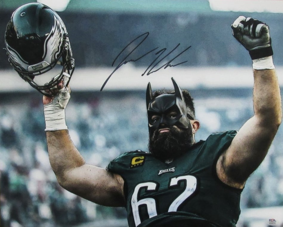 Jason Kelce Signed 16x20 Batman Photo Philadelphia Eagles PSA/DNA: Jason Kelce Signed 16x20 Batman Photo Philadelphia Eagles PSA/DNA Celebrate your fandom with this original autographed 16x20 photo of Jason Kelce, featuring a striking Batman theme. This unique piece 