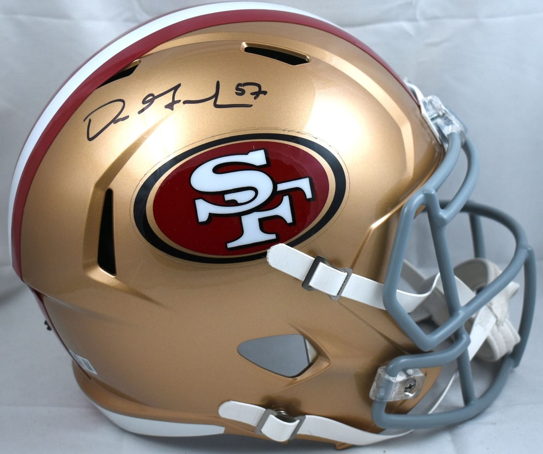San Francisco 49ers Speed Full Size Helmet Signed by Dre Greenlaw Beckett Holo: San Francisco 49ers Speed Full Size Helmet Signed by Dre Greenlaw Beckett Holo This is a pre-owned San Francisco 49ers full-size Speed helmet signed by Dre Greenlaw. The helmet features a Beckett Witn