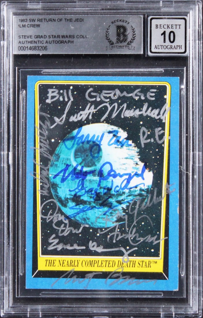 Star Wars ROTJ Card Signed by George and ILM Crew BAS Auto 10: Star Wars ROTJ Card Signed by George and ILM Crew BAS Auto 10 This 1983 Star Wars: Return of the Jedi #148 trading card has been personally signed by Bill George, Richard Adlund, Larry Tan, Frank Orda