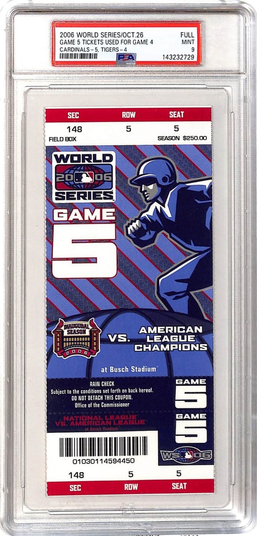 PSA 9 Graded Full Ticket 2006 World Series Game 4 Cardinals Tigers: PSA 9 Graded Full Ticket 2006 World Series Game 4 Cardinals Tigers This is an original full ticket from Game 4 of the 2006 World Series between the St. Louis Cardinals and the Detroit Tigers. The tick