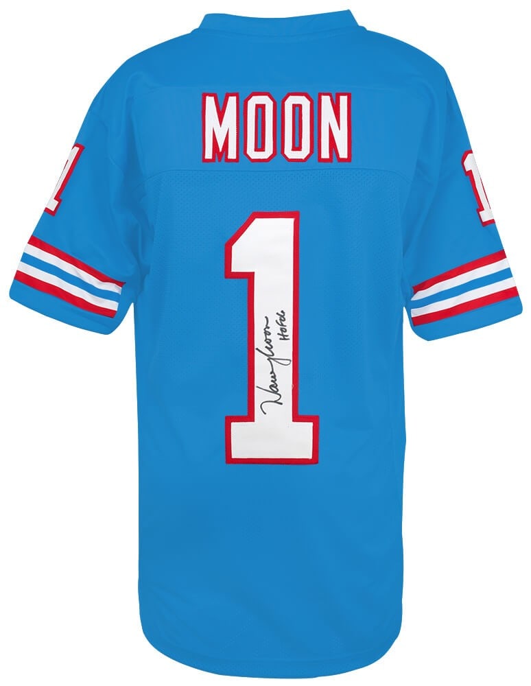 Warren Moon Signed Blue Throwback Jersey HOF 06 with COA: Warren Moon Signed Blue Throwback Jersey HOF 06 with COA Celebrate the legacy of Hall of Famer Warren Moon with this signed blue throwback custom football jersey. Featuring the inscription 'HOF 06', t