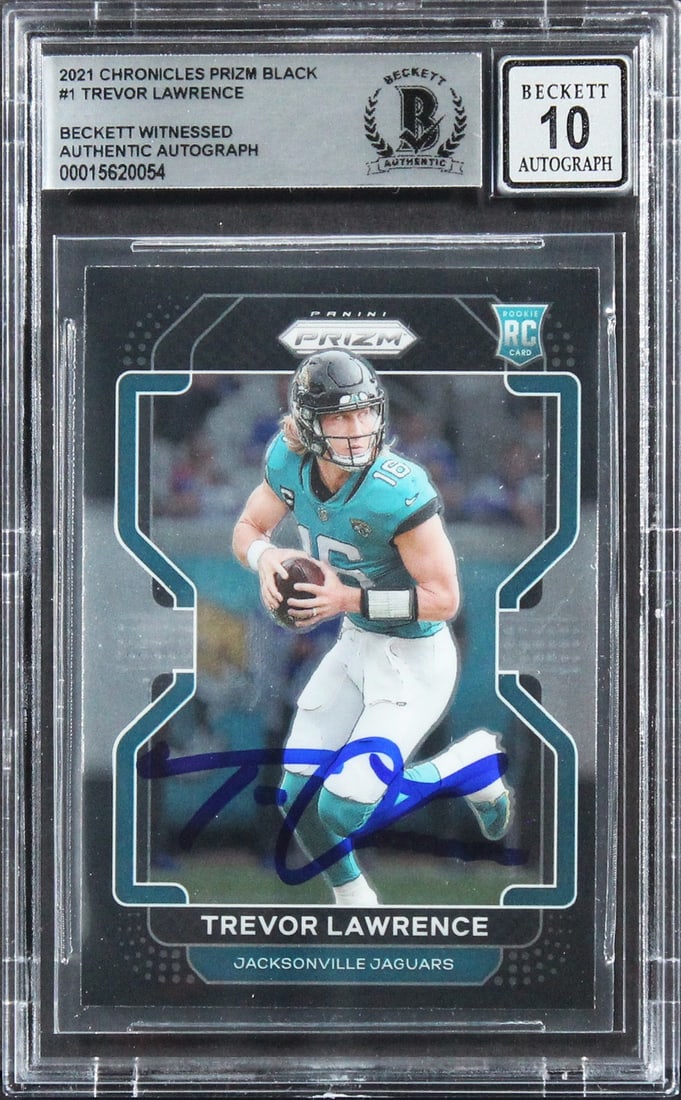 Trevor Lawrence Autographed 2021 Prizm Black #1 Rookie Card Beckett Slab: Trevor Lawrence Autographed 2021 Prizm Black #1 Rookie Card Beckett Slab Autographed 2021 Chronicles Prizm Black #1 rookie card personally signed by Trevor Lawrence of the Jacksonville Jaguars. The ca