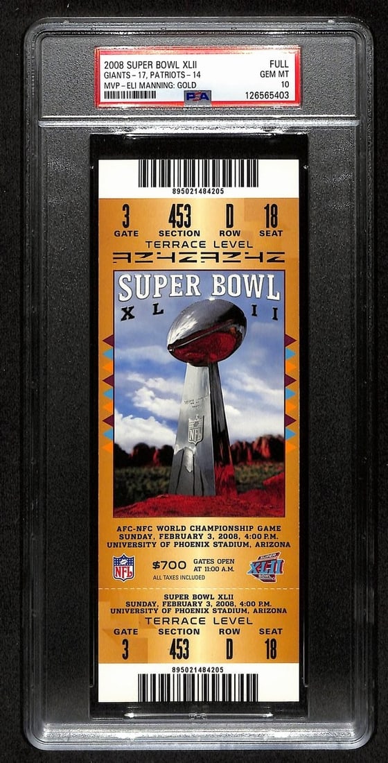 PSA GEM-MT 10 2008 Super Bowl XLII full ticket Giants Patriots: PSA GEM-MT 10 2008 Super Bowl XLII full ticket Giants Patriots Original full ticket from Super Bowl XLII featuring the New York Giants vs. New England Patriots. This football collectible commemorates 