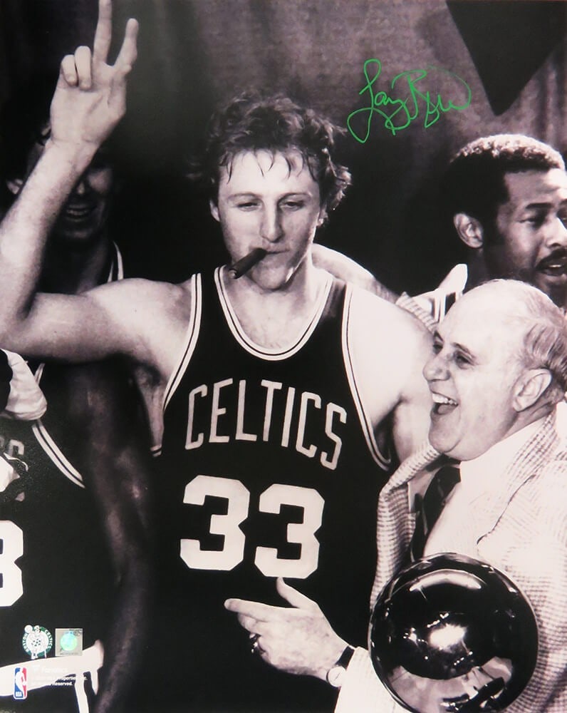 Larry Bird Signed Boston Celtics Celebration 16x20 Photo with COA: Larry Bird Signed Boston Celtics Celebration 16x20 Photo with COA Celebrate basketball history with this iconic black and white 16x20 photo featuring Larry Bird in a Boston Celtics cigar celebration a