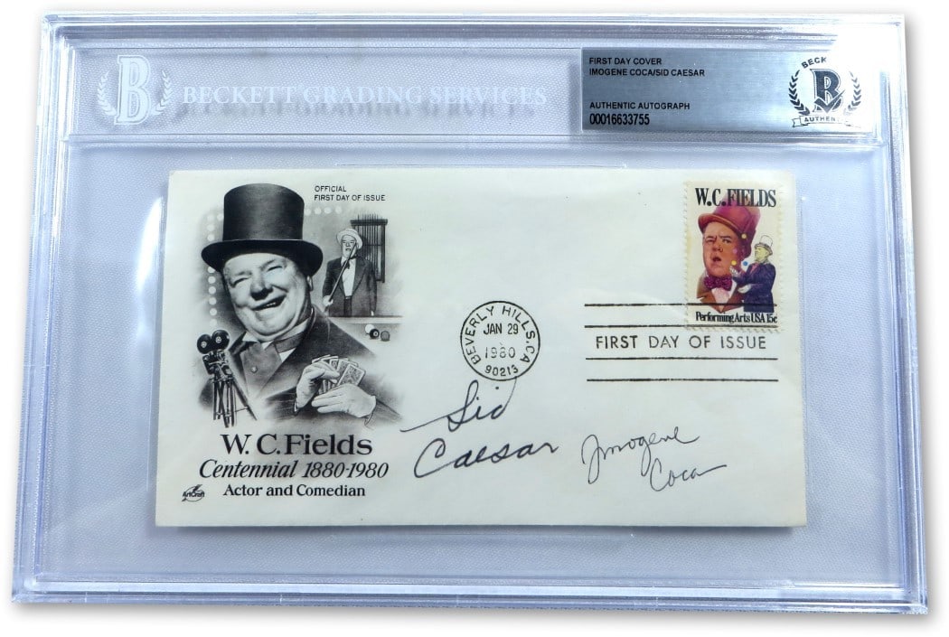 First Day Cover Signed by Sid Caesar and Imogene Coca Beckett Authenticated: First Day Cover Signed by Sid Caesar and Imogene Coca Beckett Authenticated This is an original First Day Cover autographed by Sid Caesar and Imogene Coca. The dual signatures have been authenticated 
