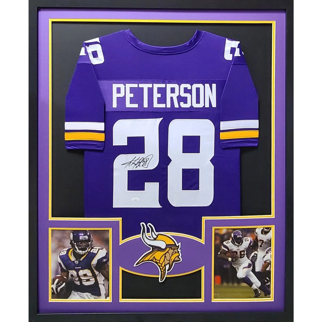 Framed Adrian Peterson Autographed Vikings Jersey with JSA Certification: Framed Adrian Peterson Autographed Vikings Jersey with JSA Certification Pre-owned framed Adrian Peterson autographed Minnesota Vikings jersey with JSA authentication. This display includes detailed f