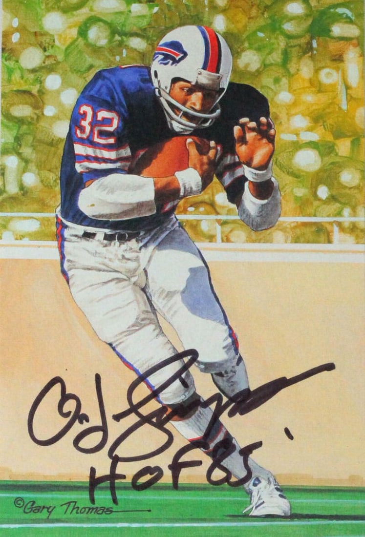 Buffalo Bills Goal Line Art Card signed by OJ Simpson JSA authenticated: Buffalo Bills Goal Line Art Card signed by OJ Simpson JSA authenticated Autographed Buffalo Bills Goal Line Art card featuring OJ Simpson. The card includes HOF notation and JSA authentication, and is