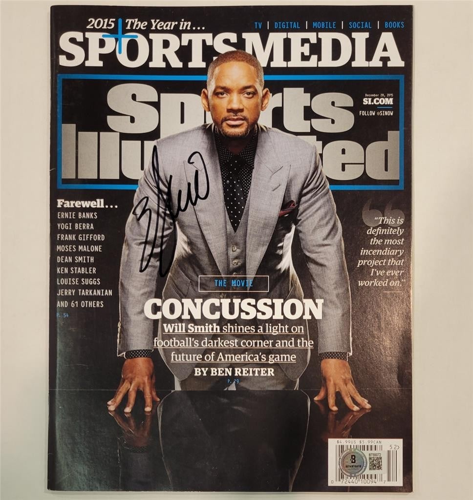 Sports Illustrated Magazine with Will Smith Autograph Beckett Authenticated: Sports Illustrated Magazine with Will Smith Autograph Beckett Authenticated This Sports Illustrated magazine features an authentic autograph by Will Smith. The magazine is related to the movie 'Concus