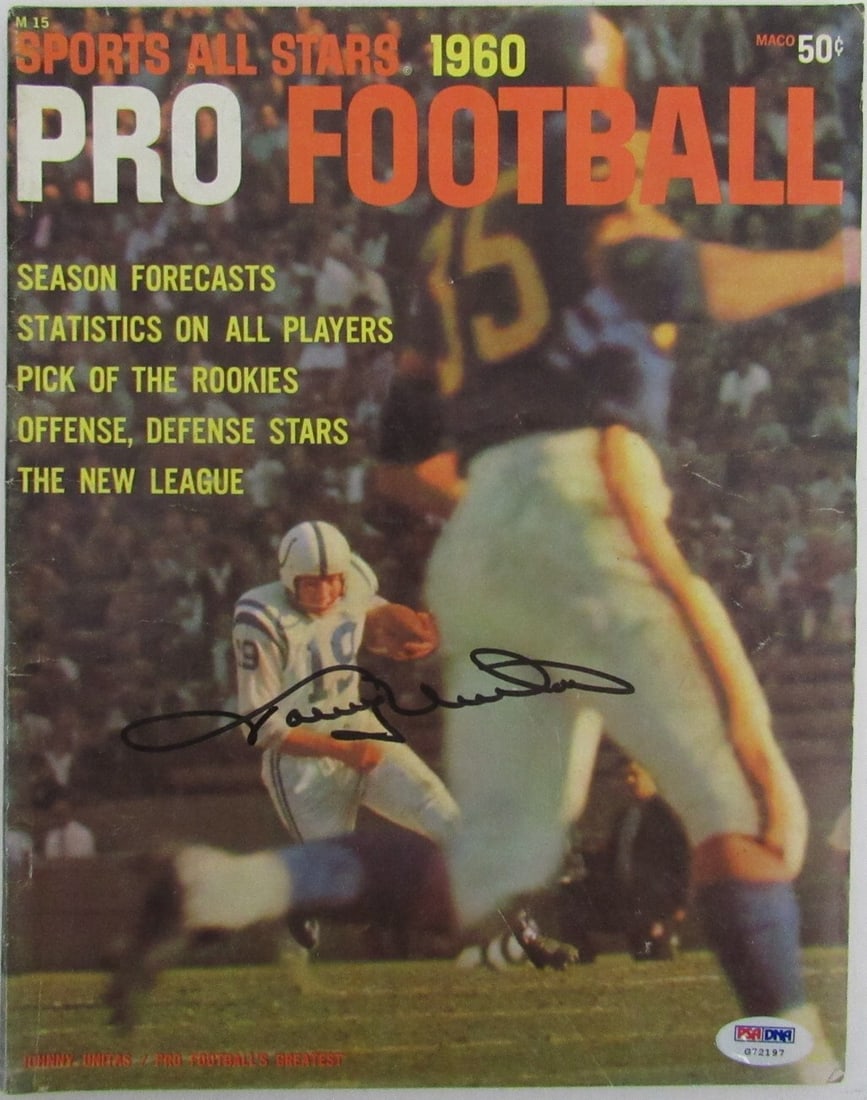 Johnny Unitas Signed 1960 PRO FOOTBALL Magazine Colts PSA/DNA: Johnny Unitas Signed 1960 PRO FOOTBALL Magazine Colts PSA/DNA This listing features a Johnny Unitas autographed 1960 PRO FOOTBALL magazine celebrating the Baltimore Colts. The magazine is an original 