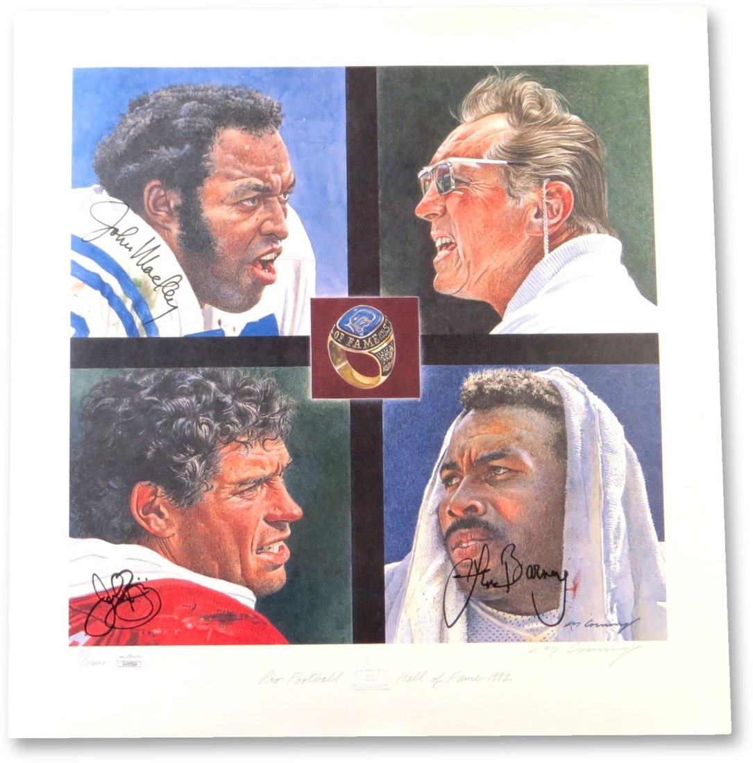 17X17 Autographed Print Photo John Mackey John Riggins Lem Barney JSA: 17X17 Autographed Print Photo John Mackey John Riggins Lem Barney JSA Original 1992 Hall of Fame print photo signed by John Mackey, John Riggins, and Lem Barney. This pre-owned piece has been authenti