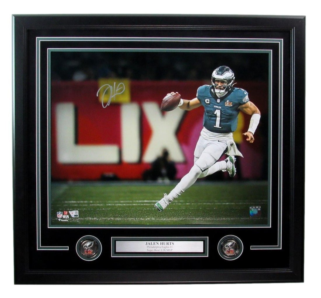 Framed Jalen Hurts 16x20 Signed Eagles Super Bowl LIX Photo Fanatics: Framed Jalen Hurts 16x20 Signed Eagles Super Bowl LIX Photo Fanatics Framed original 16x20 Super Bowl LIX photo signed by Jalen Hurts. This pre-owned football collectible features Philadelphia Eagles 