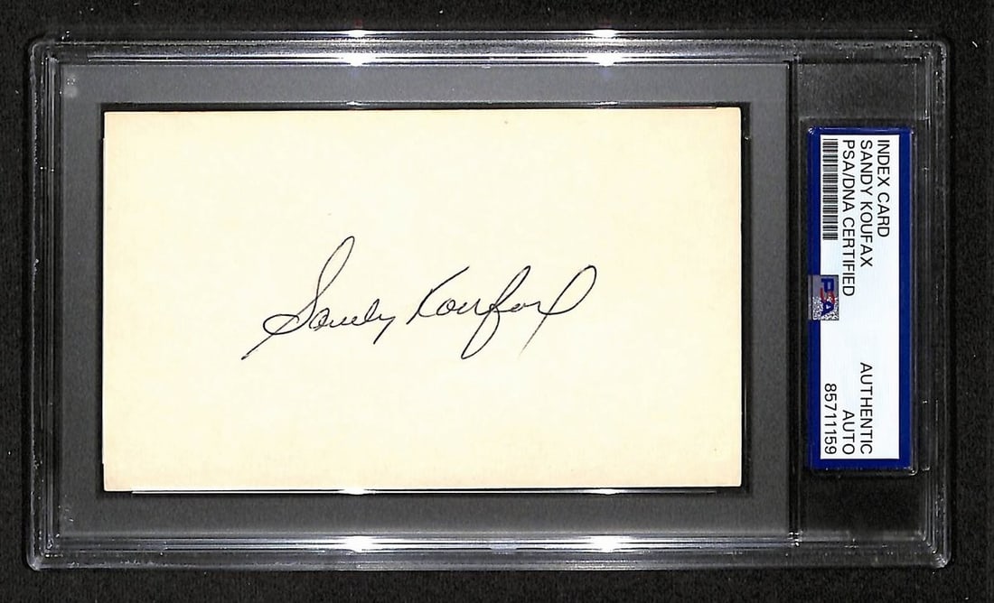 PSA DNA Sandy Koufax HOF Autographed 3x5 Index Card Dodgers: PSA DNA Sandy Koufax HOF Autographed 3x5 Index Card Dodgers Original Sandy Koufax Hall of Fame signed 3x5 index card from baseball, presented in pre-owned condition. The autograph is identified as PSA