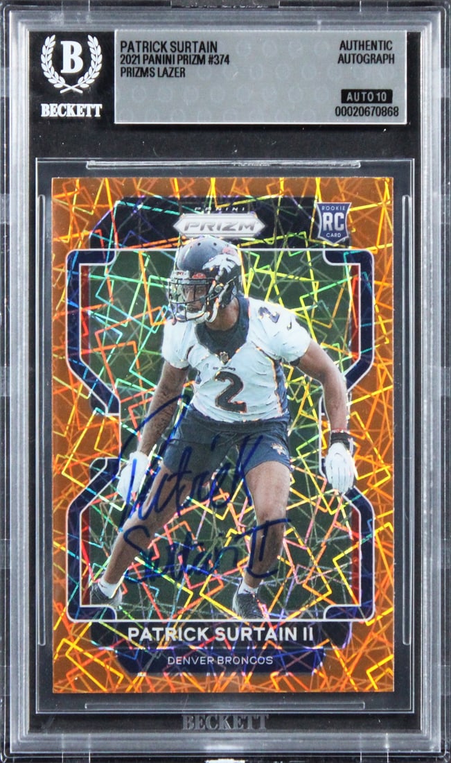 Beckett slabbed Patrick Surtain II 2021 Panini Prizm Lazer rookie auto card: Beckett slabbed Patrick Surtain II 2021 Panini Prizm Lazer rookie auto card Autographed 2021 Panini Lazer #374 rookie card signed by Patrick Surtain of the Denver Broncos. The card is slabbed by Becke