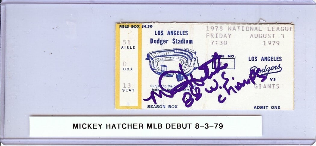 Autographed Dodgers Ticket Stub Mickey Hatcher MLB Debut JSA Authenticated: Autographed Dodgers Ticket Stub Mickey Hatcher MLB Debut JSA Authenticated This is an original ticket stub from Mickey Hatcher's MLB debut with the Los Angeles Dodgers on August 3, 1979. The ticket st
