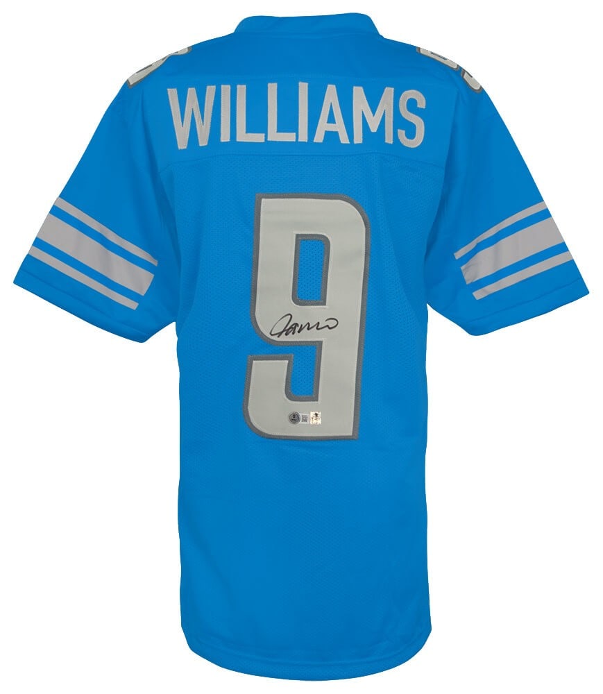 Jameson Williams Signed Blue Jersey Detroit Lions BECKETT COA: Jameson Williams Signed Blue Jersey Detroit Lions BECKETT COA Showcase your support for the Detroit Lions with this Jameson Williams signed blue custom football jersey. This original jersey, featuring