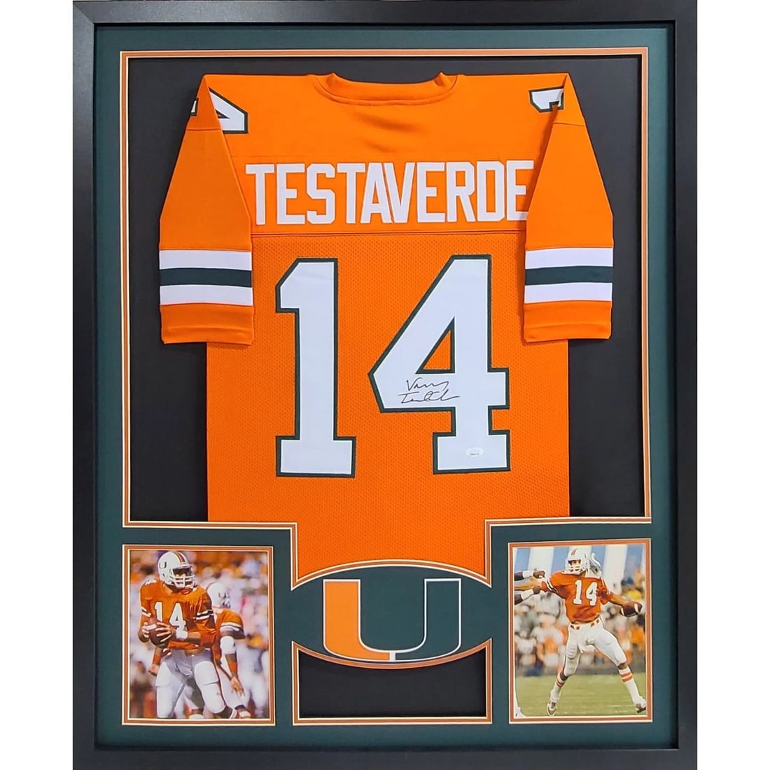 Vinny Testaverde Signed Framed Jersey JSA Certified Miami Heisman: Vinny Testaverde Signed Framed Jersey JSA Certified Miami Heisman This autographed Vinny Testaverde framed jersey is a must-have for any Miami Hurricanes fan. Celebrating Testaverde's legacy as a Heis