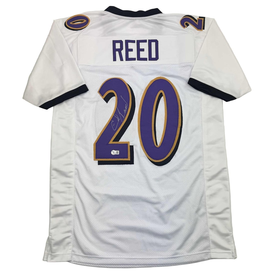 Beckett BAS Certified Ed Reed White Custom Football Jersey: Beckett BAS Certified Ed Reed White Custom Football Jersey Pre-owned custom white football jersey signed by Ed Reed. The jersey displays the player's name and number and is intended as an autographed 