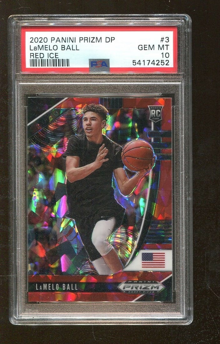 2020 Panini Prizm LaMelo Ball Red Cracked Ice RC PSA 10: 2020 Panini Prizm LaMelo Ball Red Cracked Ice RC PSA 10 This striking 2020 Panini Prizm #3 LaMelo Ball Red Cracked Ice Draft Picks rookie card is graded PSA 10, ensuring its excellent condition and hi
