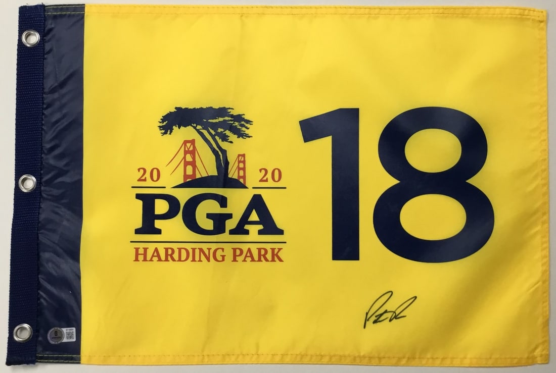 Patrick Reed Signed 2020 PGA Harding Park Pin Flag Beckett Authenticated: Patrick Reed Signed 2020 PGA Harding Park Pin Flag Beckett Authenticated This is an original signed pin flag from the 2020 PGA Championship at Harding Park, featuring the autograph of renowned golfer 