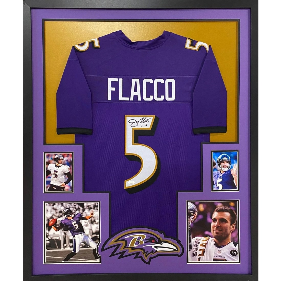 Framed Joe Flacco Autographed Ravens Jersey JSA 42x34 (1 of 3)