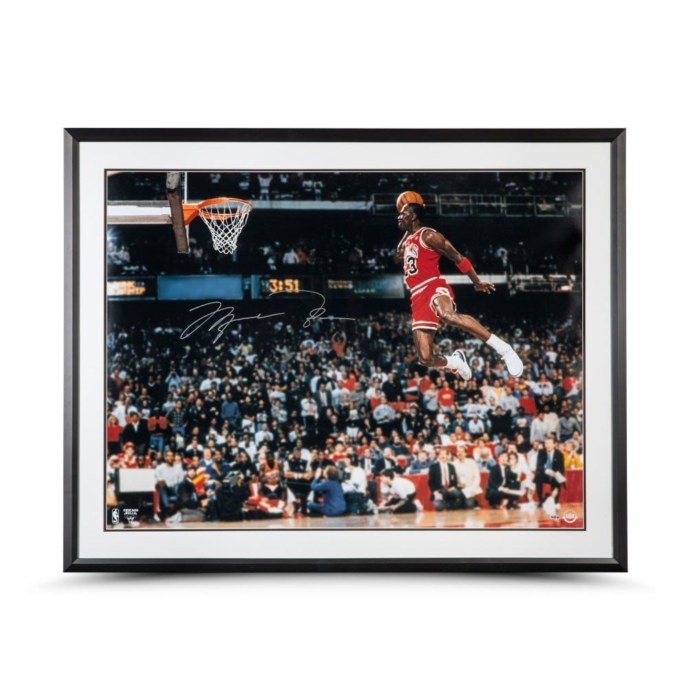Michael Jordan Signed 30x40 Framed Photo Upper Deck Chicago Bulls: Michael Jordan Signed 30x40 Framed Photo Upper Deck Chicago Bulls This stunning 30X40 framed photo captures the iconic moment of Michael Jordan during the 1988 Gatorade Slam Dunk contest, showcasing h