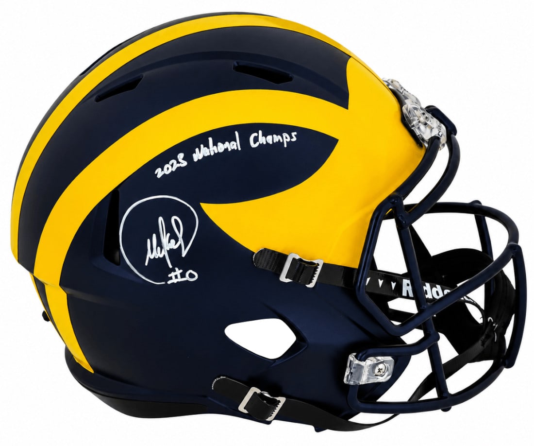 Michigan Wolverines Riddell full size replica helmet signed by Mike Sainristil: Michigan Wolverines Riddell full size replica helmet signed by Mike Sainristil Pre-owned Riddell full-size speed replica helmet signed by Mike Sainristil and inscribed "2023 National Champs." This ori