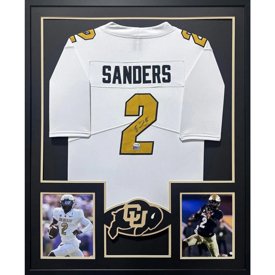 Framed Colorado Jersey Autographed by Shedeur Sanders with JSA COA: Framed Colorado Jersey Autographed by Shedeur Sanders with JSA COA Framed autographed Shedeur Sanders jersey from Colorado. The signature is authenticated by JSA and includes a tamper-proof sticker. T