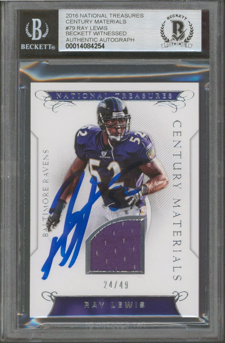 Ray Lewis Autographed 2016 National Treasures #79 Card 24/49 BAS Slabbed: Ray Lewis Autographed 2016 National Treasures #79 Card 24/49 BAS Slabbed This 2016 National Treasures Century Materials #79 card features a stunning autograph from Ray Lewis, the legendary linebacker 