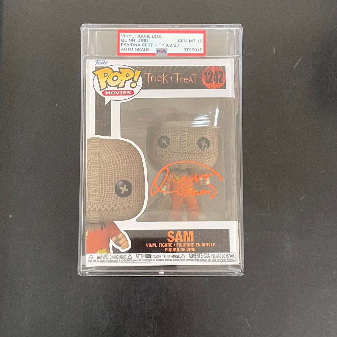 Quinn Lord Signed Funko Pop Sam Trick or Treat PSA/DNA AUTO 10: Quinn Lord Signed Funko Pop Sam Trick or Treat PSA/DNA AUTO 10 This Funko Pop #1242 features the character Sam from 'Trick or Treat' and is signed by actor Quinn Lord. The autograph has been authentic
