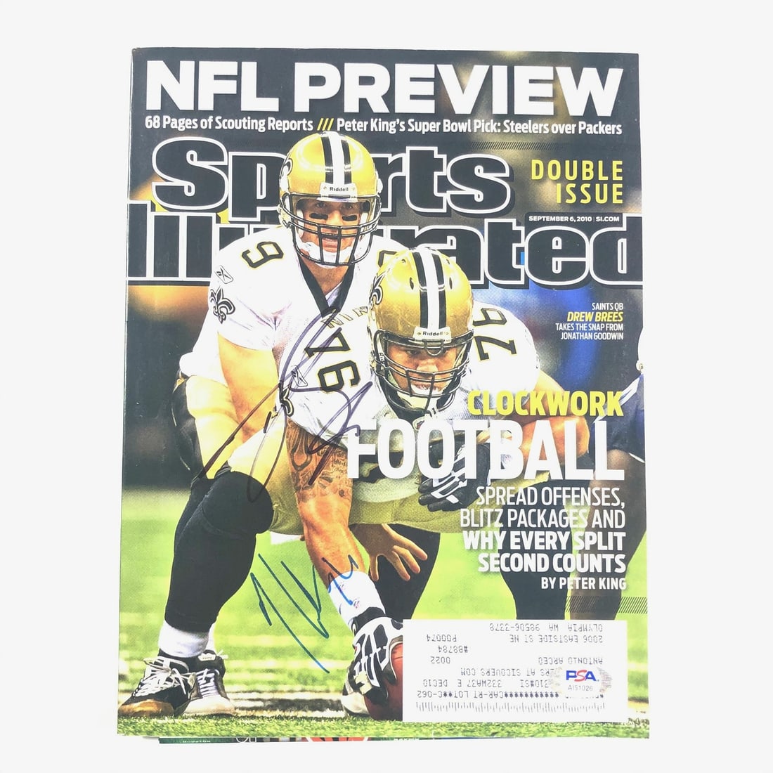 PSA DNA Authenticated Saints Signed Sports Illustrated Magazine by Brees and Goodwin: PSA DNA Authenticated Saints Signed Sports Illustrated Magazine by Brees and Goodwin This is an original Sports Illustrated Magazine featuring autographs from Drew Brees and Jonathan Goodwin of the Ne