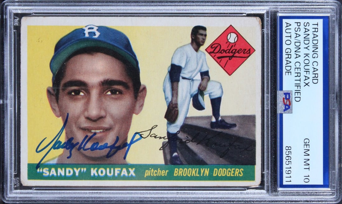 PSA DNA Authenticated Sandy Koufax 1955 Topps 123 Rookie Autograph Card: PSA DNA Authenticated Sandy Koufax 1955 Topps 123 Rookie Autograph Card Original 1955 Topps #123 rookie card personally signed by Sandy Koufax. This pre-owned baseball collectible is slabbed, with the