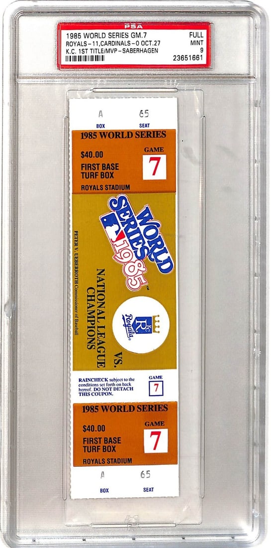PSA 9 Graded 1985 World Series Game 7 Ticket Cardinals Royals: PSA 9 Graded 1985 World Series Game 7 Ticket Cardinals Royals This is an original full ticket from Game 7 of the 1985 World Series between the St. Louis Cardinals and the Kansas City Royals. Graded