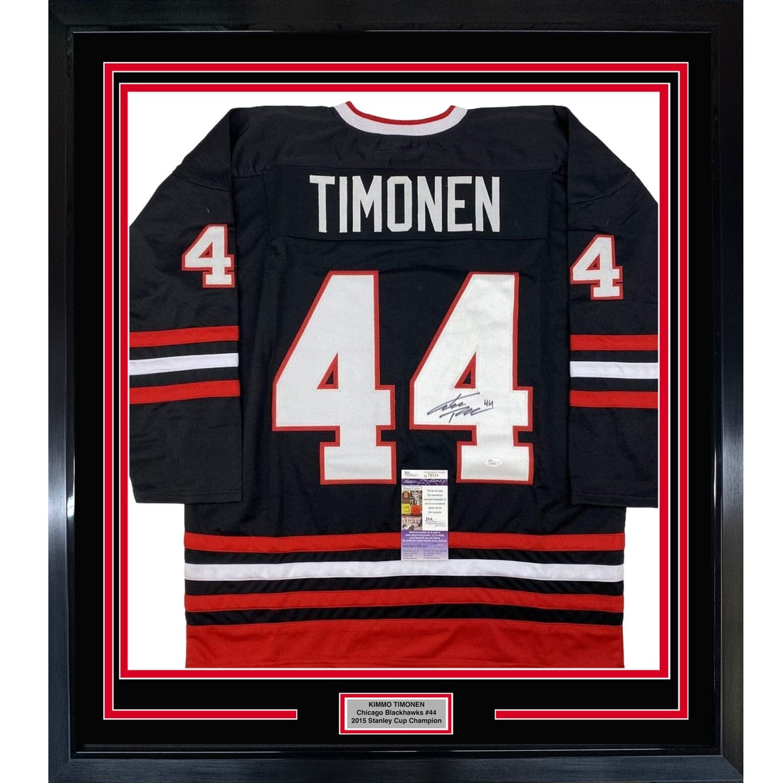Framed Autographed Kimmo Timonen Jersey Chicago Blackhawks JSA COA 33x42: Framed Autographed Kimmo Timonen Jersey Chicago Blackhawks JSA COA 33x42 Celebrate the legacy of Kimmo Timonen with this stunning framed autographed Chicago Blackhawks jersey. This authentic NHL jerse