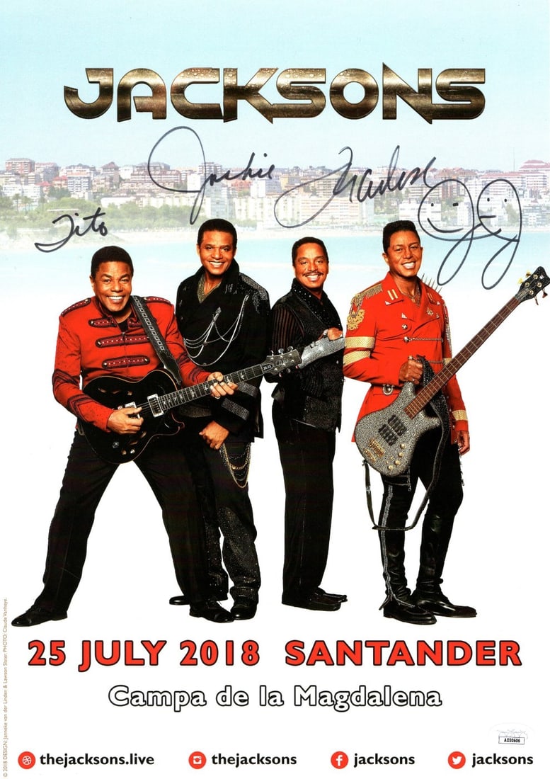 11.5x16.5 Poster Signed by Four Jacksons Band Members JSA Authenticated: 11.5x16.5 Poster Signed by Four Jacksons Band Members JSA Authenticated This is an original 11.5 x 16.5 inch poster autographed by all four members of The Jacksons: Marlon Jackson, Tito Jackson, Jacki
