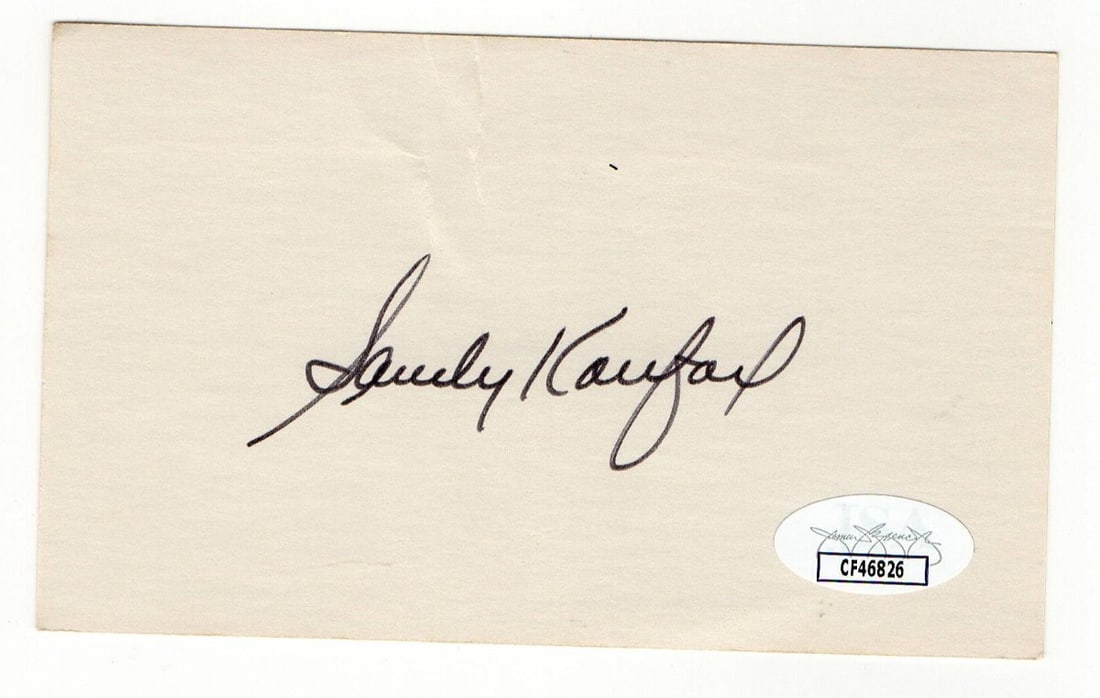 Sandy Koufax Autographed 3X5 Index Card Dodgers JSA Authenticated: Sandy Koufax Autographed 3X5 Index Card Dodgers JSA Authenticated This is an original 3X5 index card autographed by Hall of Famer Sandy Koufax, a celebrated player for the Los Angeles Dodgers. The aut