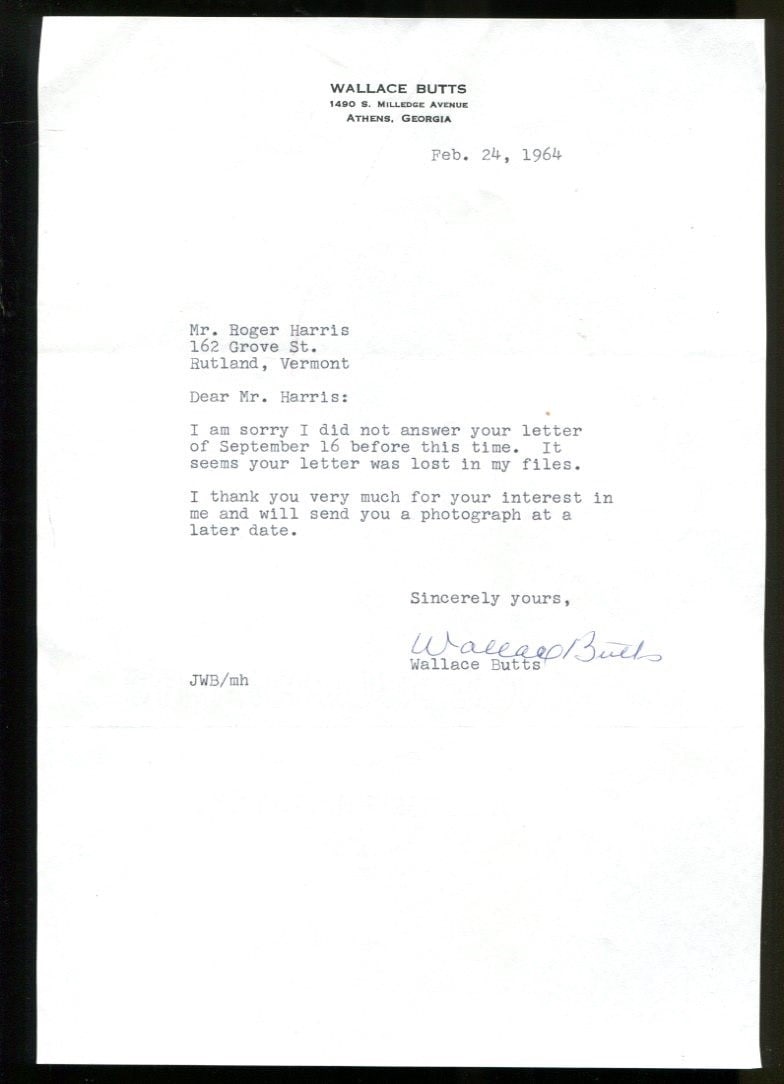 Wallace Wally Butts Signed TLS 7x8.5 Autographed UGA College Football PSA/DNA: Wallace Wally Butts Signed TLS 7x8.5 Autographed UGA College Football PSA/DNA This item features a signed typed letter from Wallace Wally Butts, a notable figure in college football history. The autog
