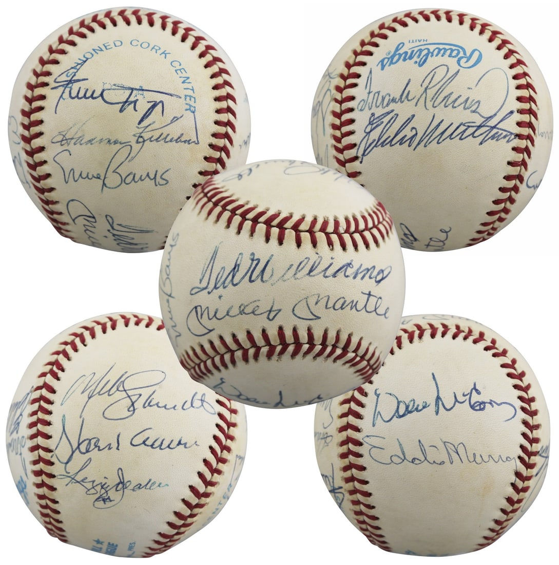 JSA Certified OAL Baseball Signed by Mantle Mays Williams Aaron: JSA Certified OAL Baseball Signed by Mantle Mays Williams Aaron Original Bobby Brown OAL baseball signed by members of the 500 HR Club. The title identifies signatures from Mickey Mantle, Hank Aaron, 