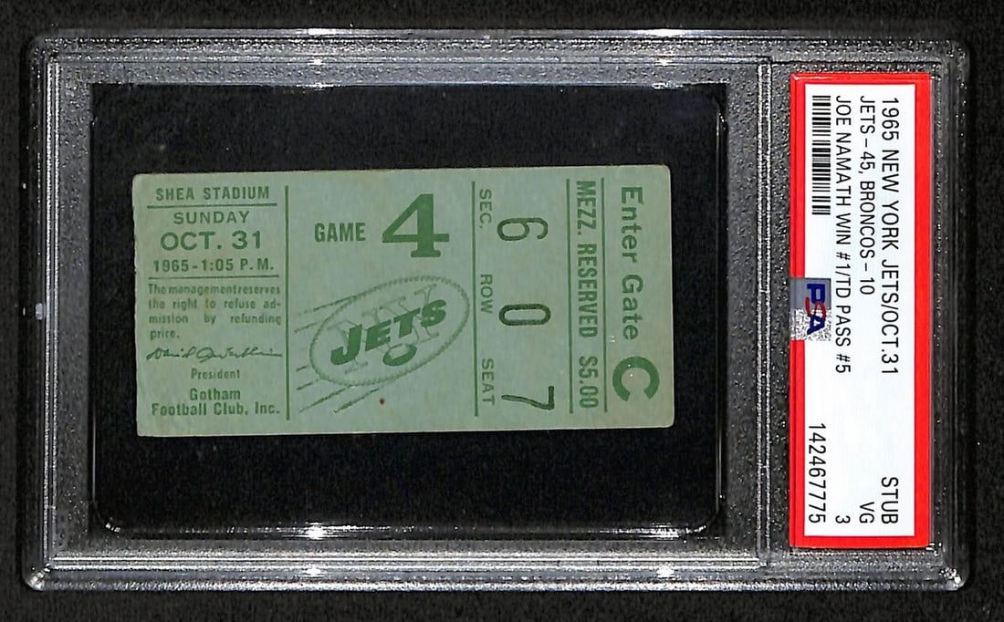 1965 New York Jets First Win Ticket Stub Joe Namath HOF PSA DNA VG-3: 1965 New York Jets First Win Ticket Stub Joe Namath HOF PSA DNA VG-3 Original Joe Namath Hall of Fame New York Jets first win ticket stub from October 31, 1965. This football collectible is authentica