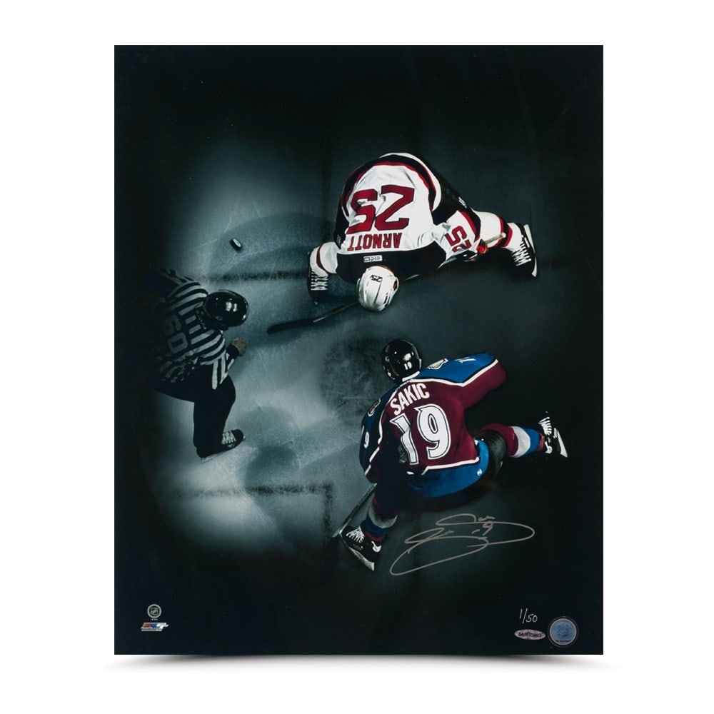 Joe Sakic Autographed 16X20 Photo Limited to 50 Colorado Avalanche: Joe Sakic Autographed 16X20 Photo Limited to 50 Colorado Avalanche This is a limited edition Joe Sakic autographed 16X20 photo capturing the iconic "Face-Off" moment. A must-have for any Colorado Aval