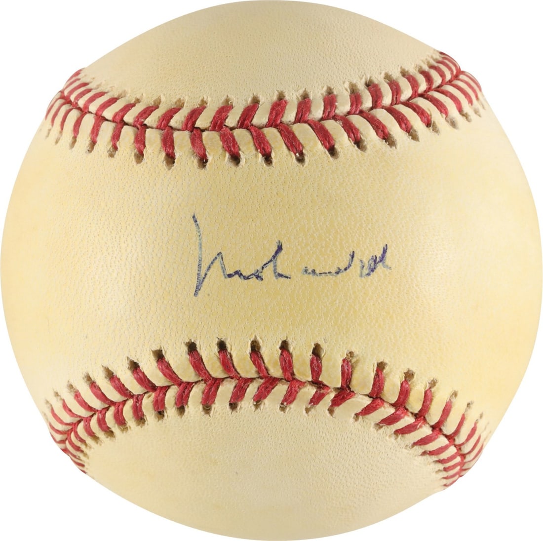 Muhammad Ali single-signed Official National League baseball JSA LOA: Muhammad Ali single-signed Official National League baseball JSA LOA This is an official National League baseball, single-signed by Muhammad Ali. The signature is placed on the sweet spot and executed