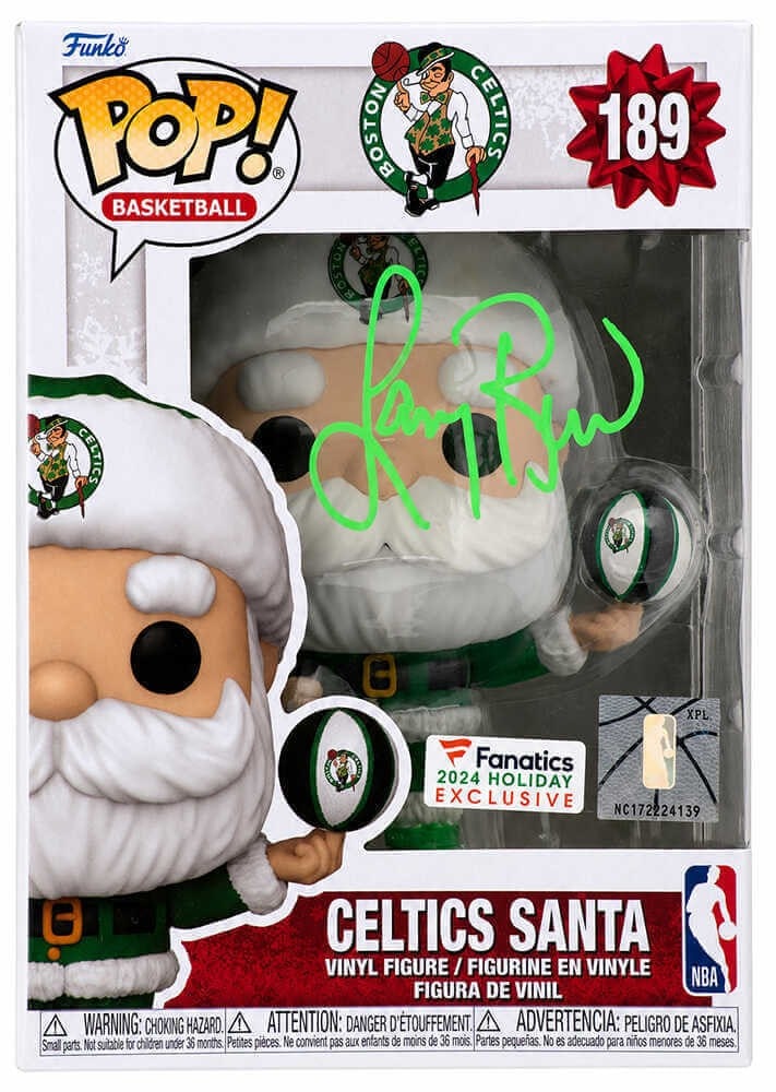 Boston Celtics Santa Funko Pop 189 signed by Larry Bird: Boston Celtics Santa Funko Pop 189 signed by Larry Bird Pre-owned Boston Celtics 'Santa' Funko Pop #189 signed by Larry Bird. This original autograph collectible is a basketball-related item associate