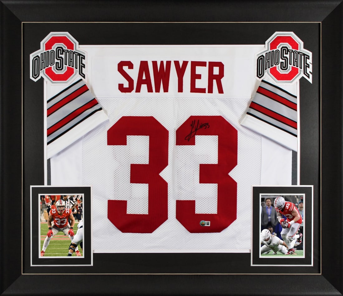 Framed Jack Sawyer Autographed Ohio State White Jersey Beckett Witnessed: Framed Jack Sawyer Autographed Ohio State White Jersey Beckett Witnessed This autographed white pro style framed jersey has been personally signed by Jack Sawyer of the Ohio State Buckeyes. It is an o