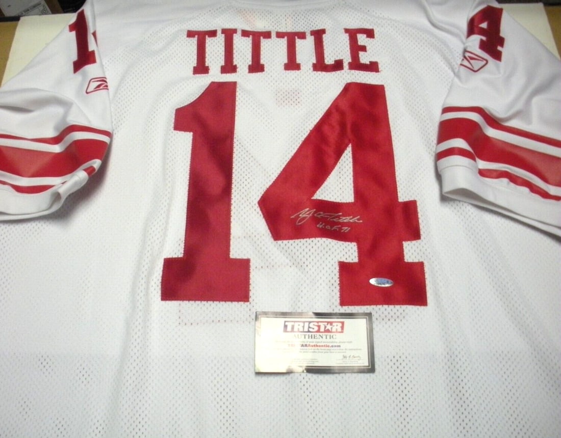 Reebok New York Giants Jersey Signed by YA Tittle with Tristar COA: Reebok New York Giants Jersey Signed by YA Tittle with Tristar COA This is an official licensed Reebok New York Giants jersey signed by YA Tittle. The autographed jersey is authenticated by TRISTAR/CO