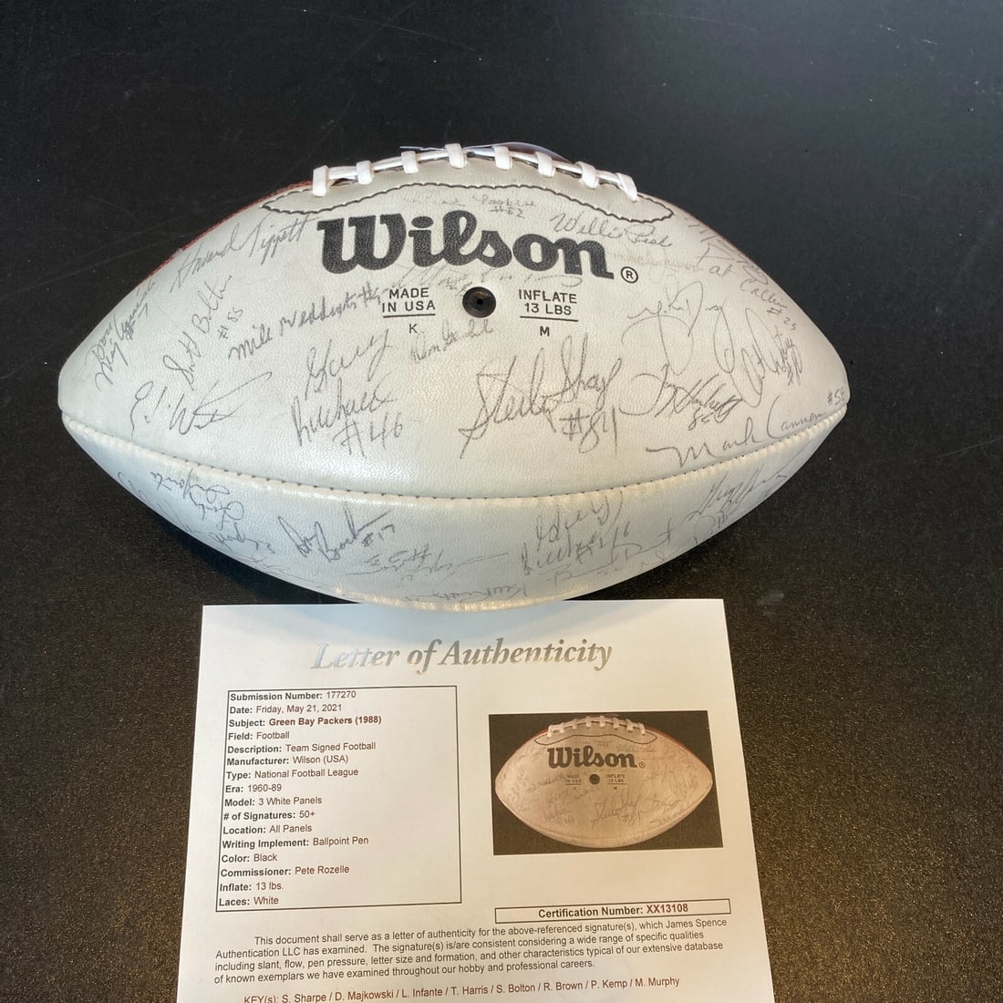 Wilson NFL Football Signed by 1988 Green Bay Packers Team 50 Plus JSA Authenticated: Wilson NFL Football Signed by 1988 Green Bay Packers Team 50 Plus JSA Authenticated This is an official Wilson NFL football signed by the 1988 Green Bay Packers team, featuring over 50 signatures. The